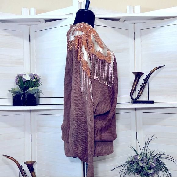Vintage 80s 90s dolman sleeves beaded chocolate brown cotton tunic sweater sz L - Picture 7 of 9
